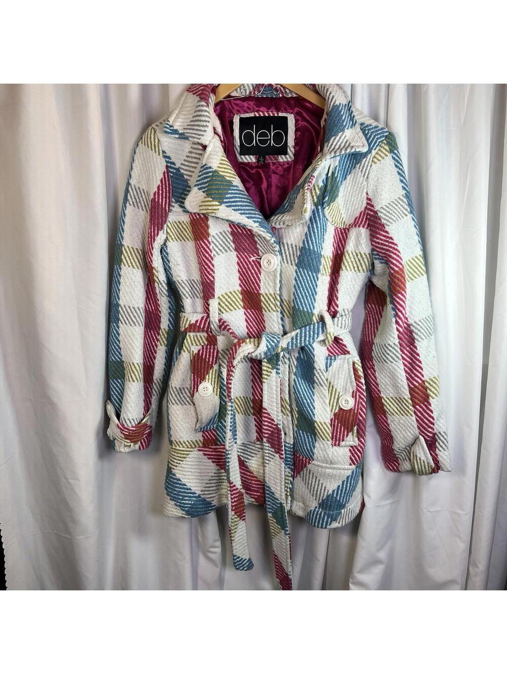 Deb Wool Blend Pea Coat Jacket Retro Plaid Colorful Pink/Cream/Blue Women's L